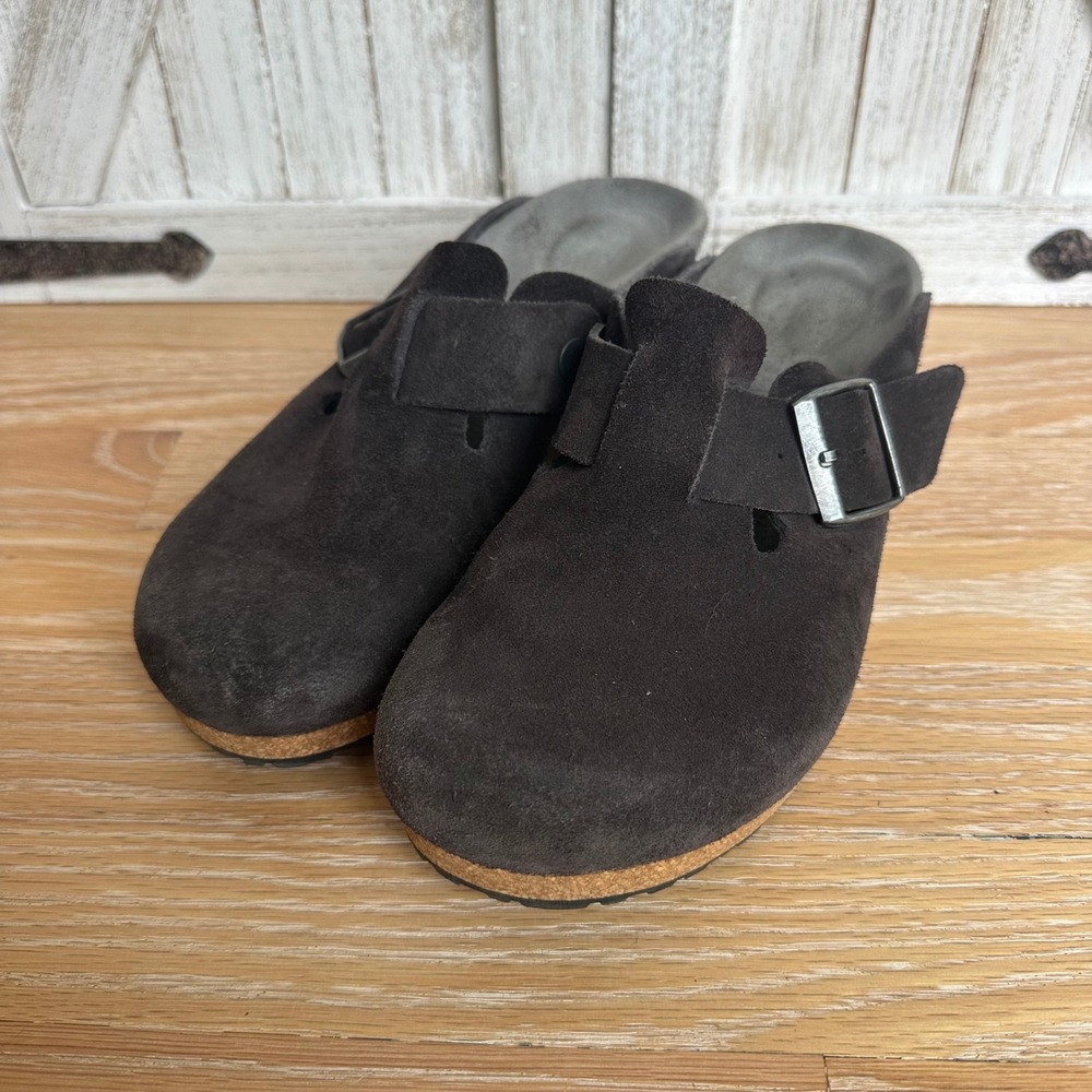 Birkenstock Papillio Fanny Wedge Clog Chocolate Brown Suede Buckle EU39